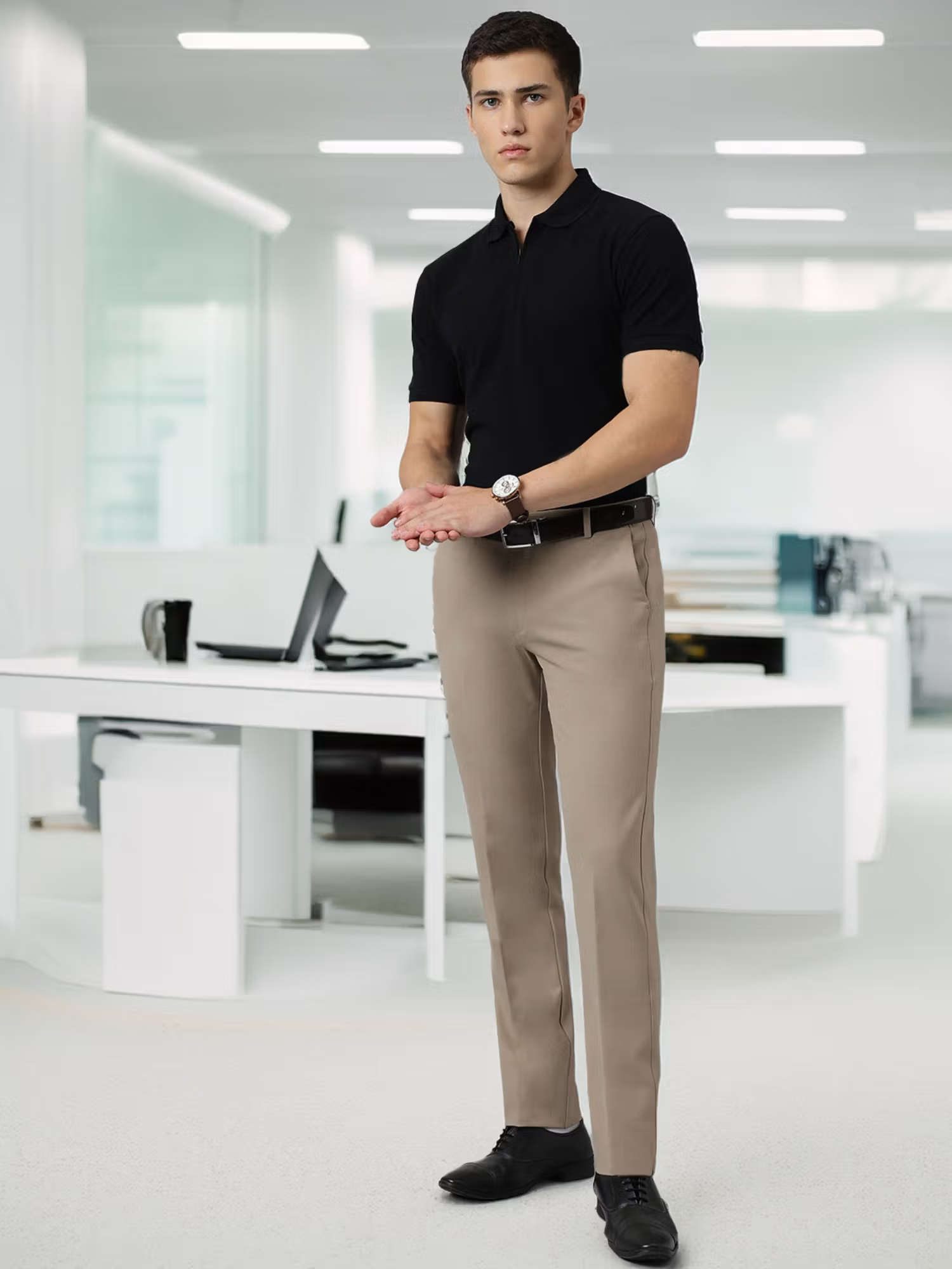 Flex Waist 4 Way Stretch Formal Trousers in Beige