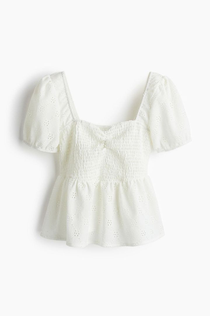 Women White Smocked Peplum Blouse