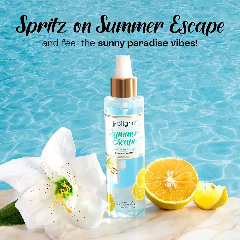 Pilgrim Summer Escape Body Mist (White Lily with yuzu lemon)| Citrus body mist for women long lasting| White lily & yuzu lemon for a vacation feel| Perfume for women| Designed in France