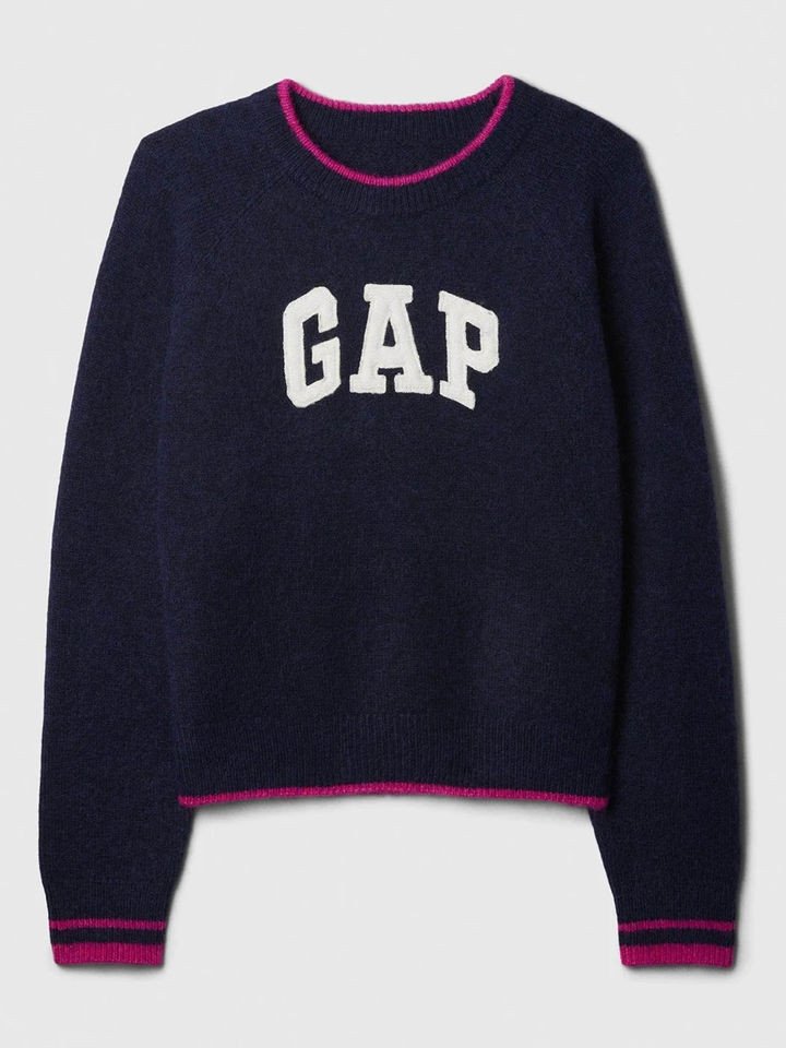 Women Navy Blue Applique Logo Round Neck Pullover Sweater