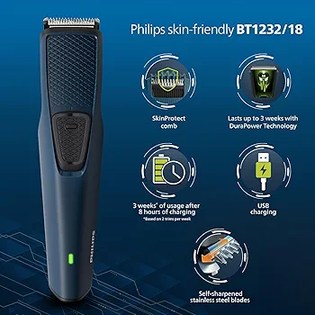Philips Battery Powered SkinProtect Beard Trimmer for Men - Lasts 4x Longer, DuraPower Technology, Cordless Rechargeable with USB Charging, Charging Indicator, Travel Lock, No Oil Needed BT1232/18