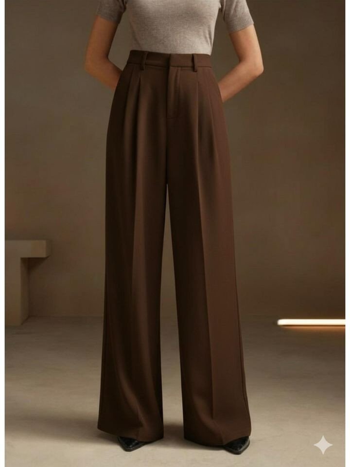 Womens Coffee Wide Fit Pleated Korean Trouser