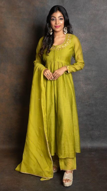 Shamrock Green Embellished Anarkali with Pant and Dupatta (Set of 3)