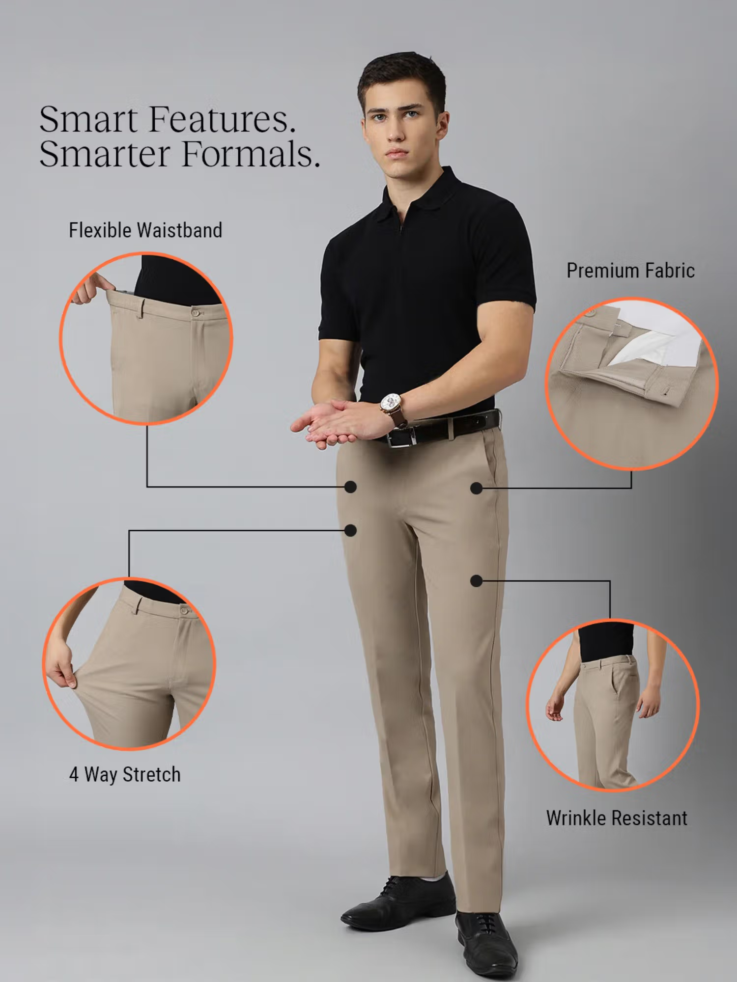 Flex Waist 4 Way Stretch Formal Trousers in Beige