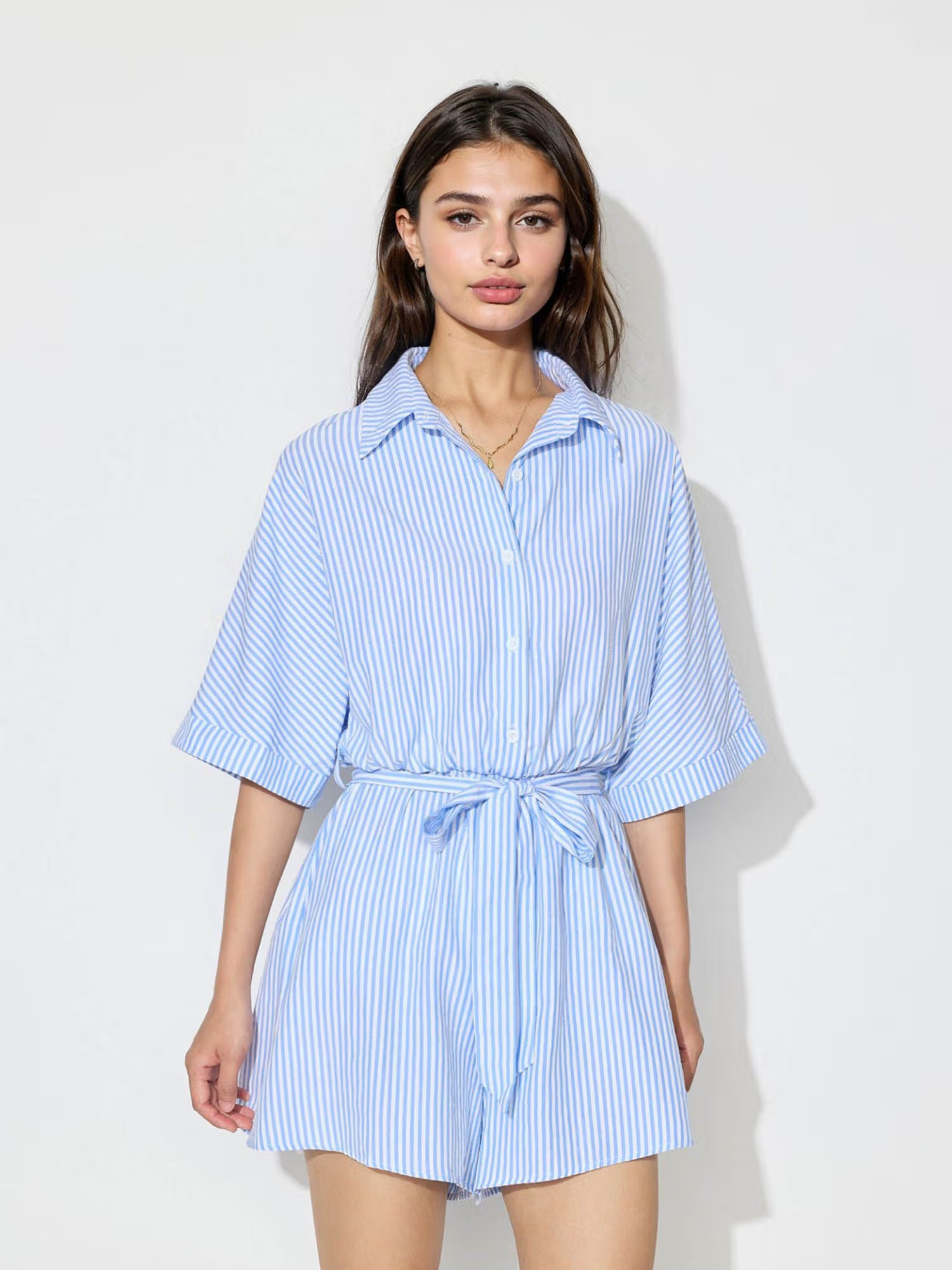 Blue Front Buttoned Street Style Playsuit