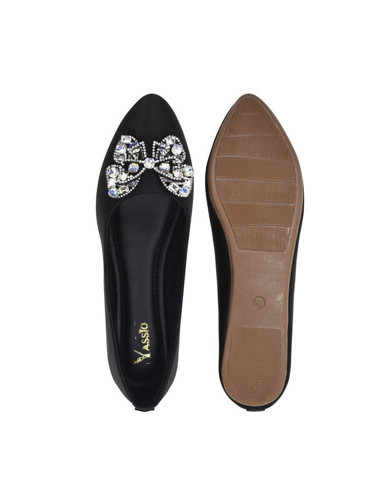 Women Black Satin Butterfly Ballerinas