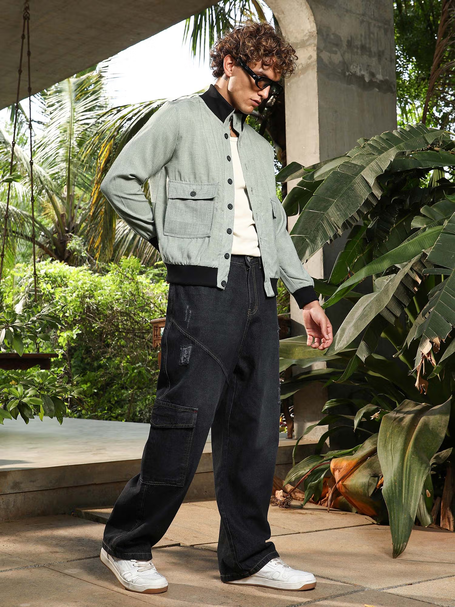 Men'S Charcoal Black Tinted Relaxed-Utility Denim Jeans