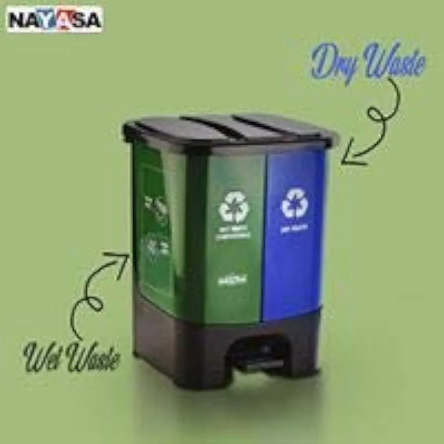 Nayasa 2-in-1 Pedal Dustbin – 19 L (9.5 L Each) | Dual Compartment Wet & Dry Waste Bin with Detachable Inner Bins | Hygienic Plastic Pedal Bin | Green & Blue
