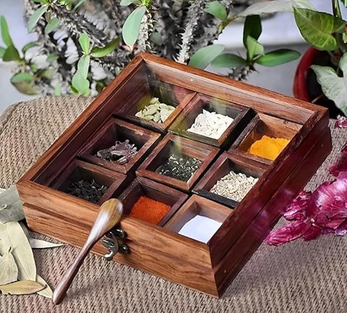 Rosewood Cubby Shelf Countertop Masala Box/Namak Dani/Spices Box/Masala Daani/Organizer/Masala Dabba/Spice Jar/Spice Storage Box With Glass Top For Kitchen. (9 CONTAINERS)