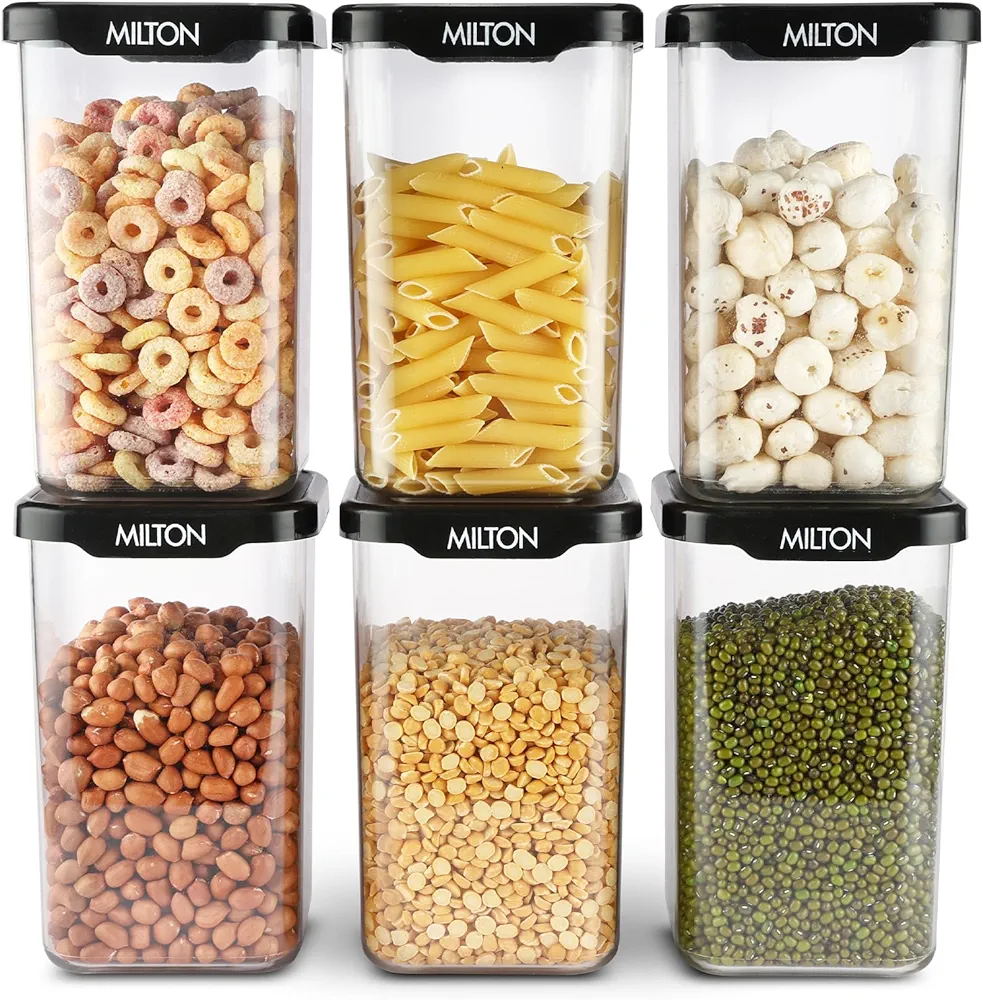 MILTON Square Premium Containers for Kitchen Storage Set of 6 (1100 ml each) Food Grade, BPA Free I Stackable, Transparent I Durable, Multi-purpose, Space Saving, Black