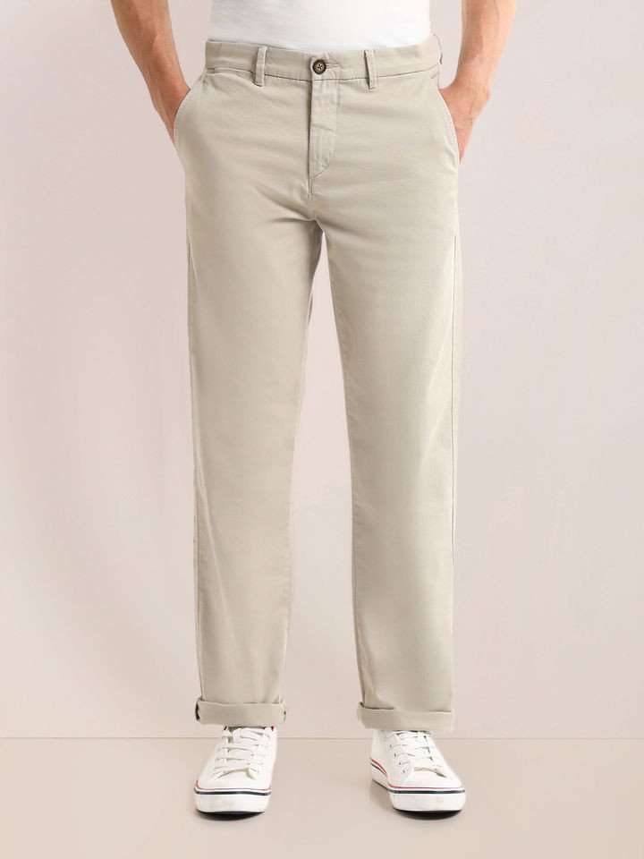 U.S. Polo Assn. Solid Beige Cotton Straight Fit Casual Trouser