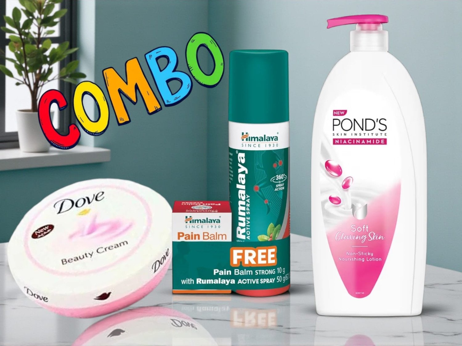 3 Product Combo Set Dove cream, Ponds Body Lotion, Himalaya Spray with Pain balm