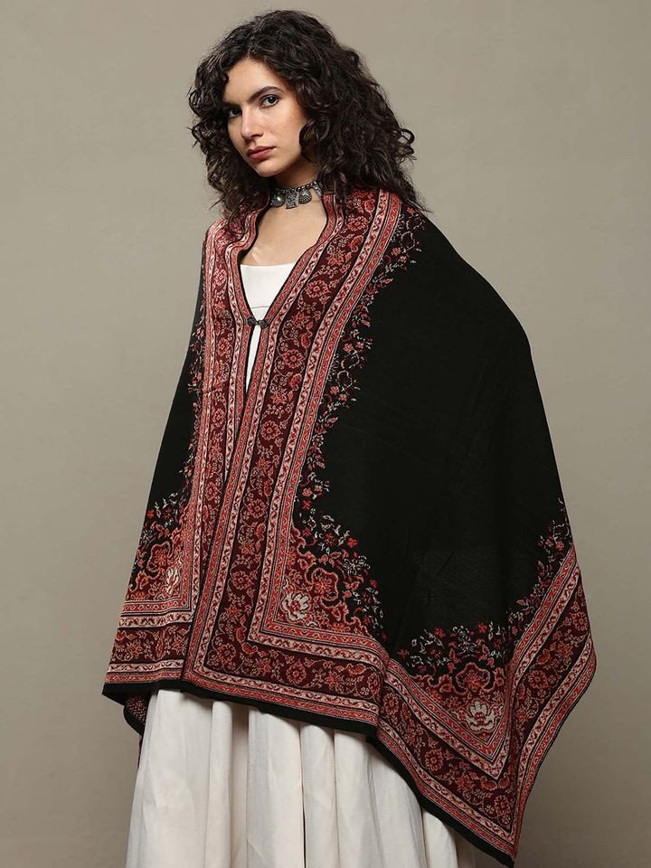 Libas Women Black Floral Woven Design Wool Shawl