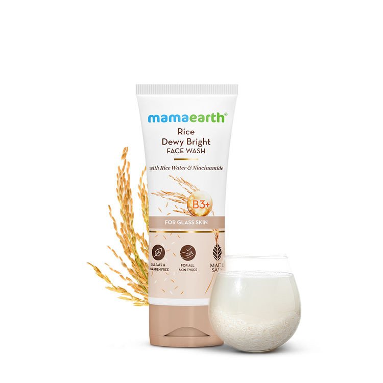Mamaearth Rice Face Wash With Rice Water & Niacinamide For Glass Skin 100ml| Hydrated, Even SkinTone