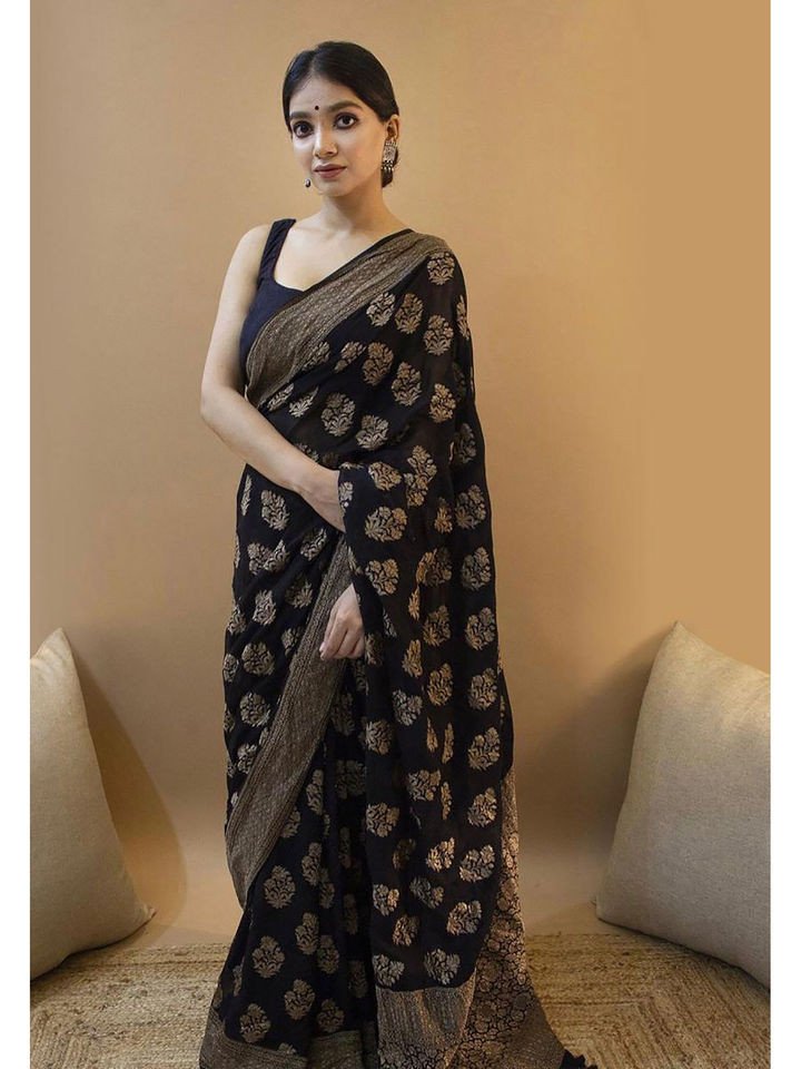 Black Woven Banarasi Silk Kanjivaram Saree with Unstitched Blouse with Unstitched