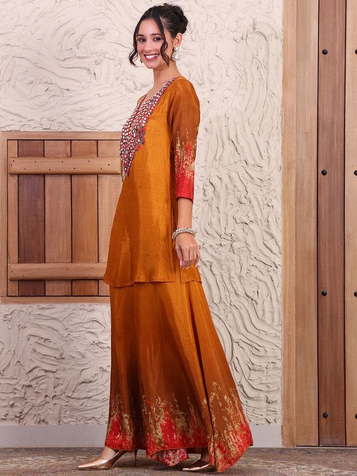 Mustard Printed Pure Muslin Indo Western Women Kurti with Sharara