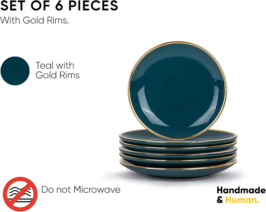 Ceramic Quarter Plates Set Of 6, Teal Gold Goldline Series | Glossy Finish | Snacks Plates Set Of 6 | Dessert Plates | Snack Plate | Small Plates (Quarter Plates - Teal Gold)