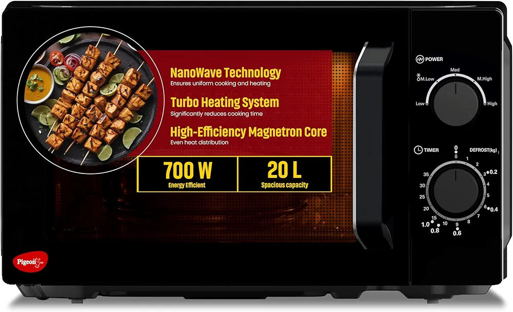 Pigeon 20L Nano Wave Solo Microwave Oven | 700 Watts | 5 power levels (Re-Heat, Pop, Cook, Steam, Defrost - SKSMWO20L) | Black