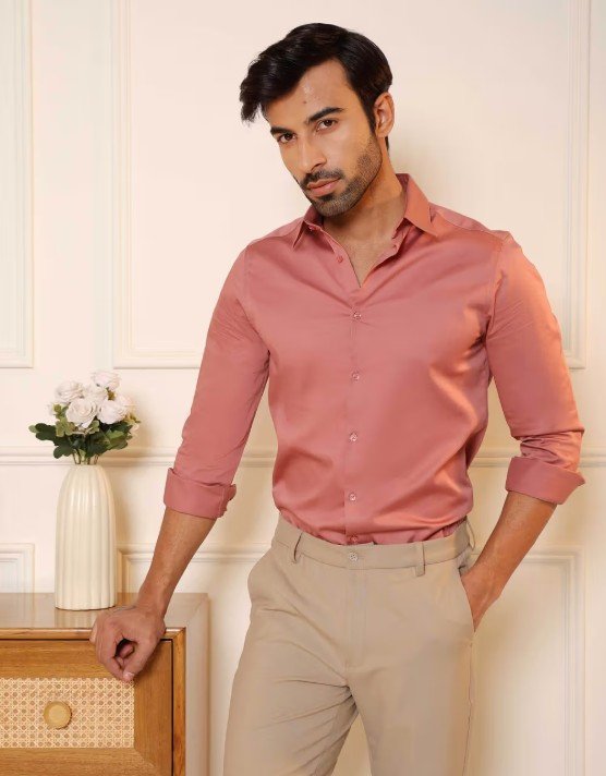 Men Rose Pink Metal Slim Fit Solid Cotton Satin Evening Shirt
