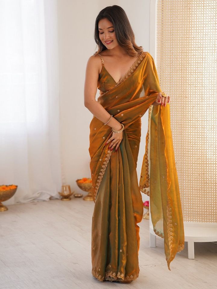 Women's Paper Silk Gold Embellished Designer Saree With Unstitched Blouse