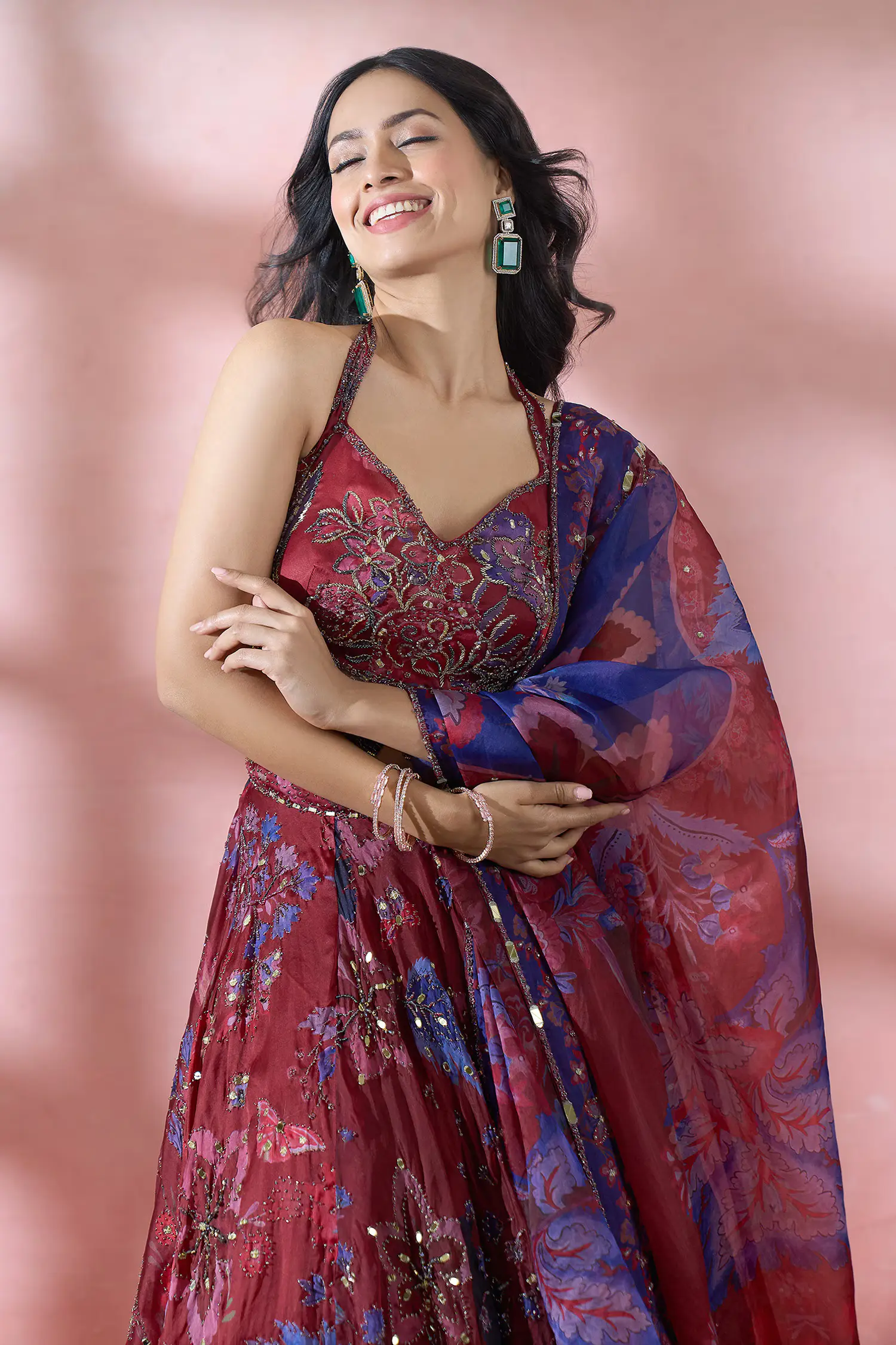 Red Embroidery, Sequins Halter Neck Floral Pattern Royal Lehenga Set