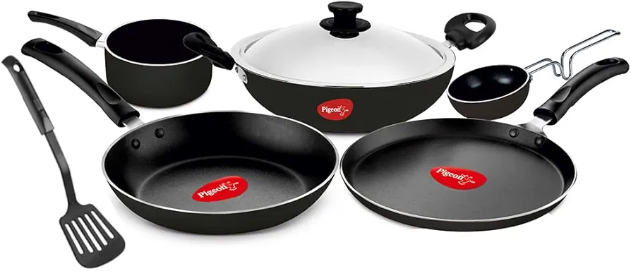 Pigeon Favourite 7 Piece Gift Set Non-Stick Coated Comes with Fry Pan, Kadhai, Lid, Sauce Pan, Spatula, Tadka Pan and a Tawa - Gas Stove Compatible (Black)