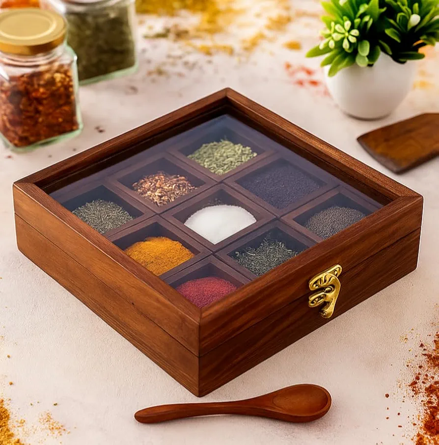 Sheesham Wood Spice Box with 2 Spoons – 9 Compartments Masala Box/Masala Dabba/Masala Container/Masala Dabba Organizer for Kitchen | Decorative Handmade Wooden Storage Box (Brown).