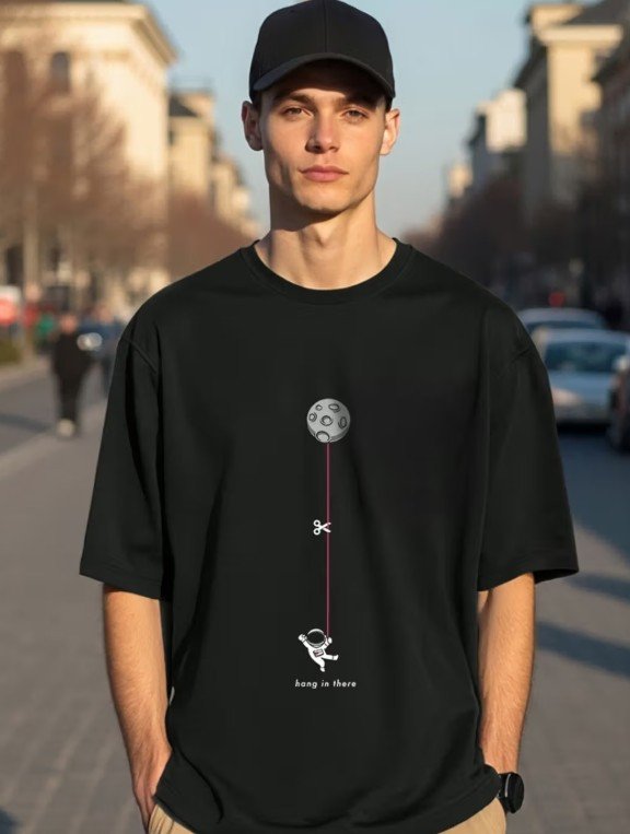Men's Black Hangin Astronaut Graphic Printed Oversized T-shirt