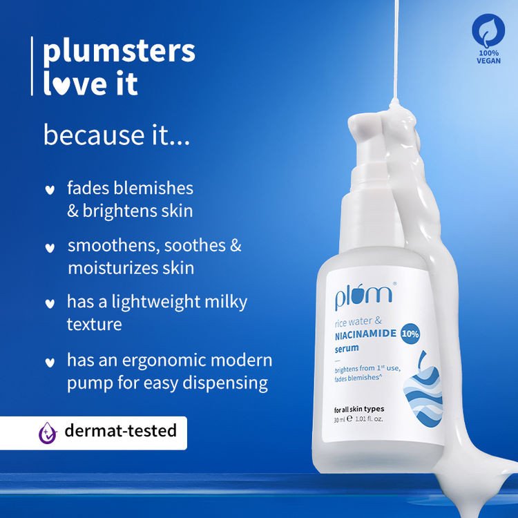 Plum 10% Niacinamide Brightening Face Serum with Rice Water, Fades Acne Marks, for Oily to Dry Skin