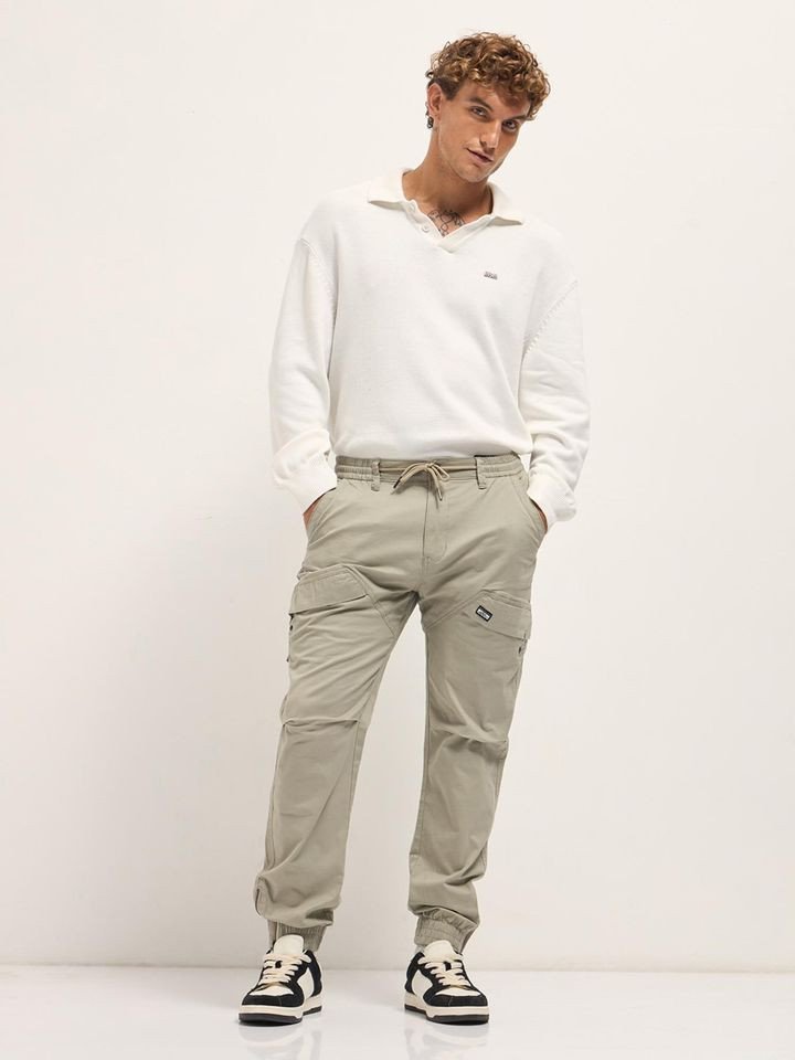 Mens Beige Relaxed Fit Solid Cotton Joggers