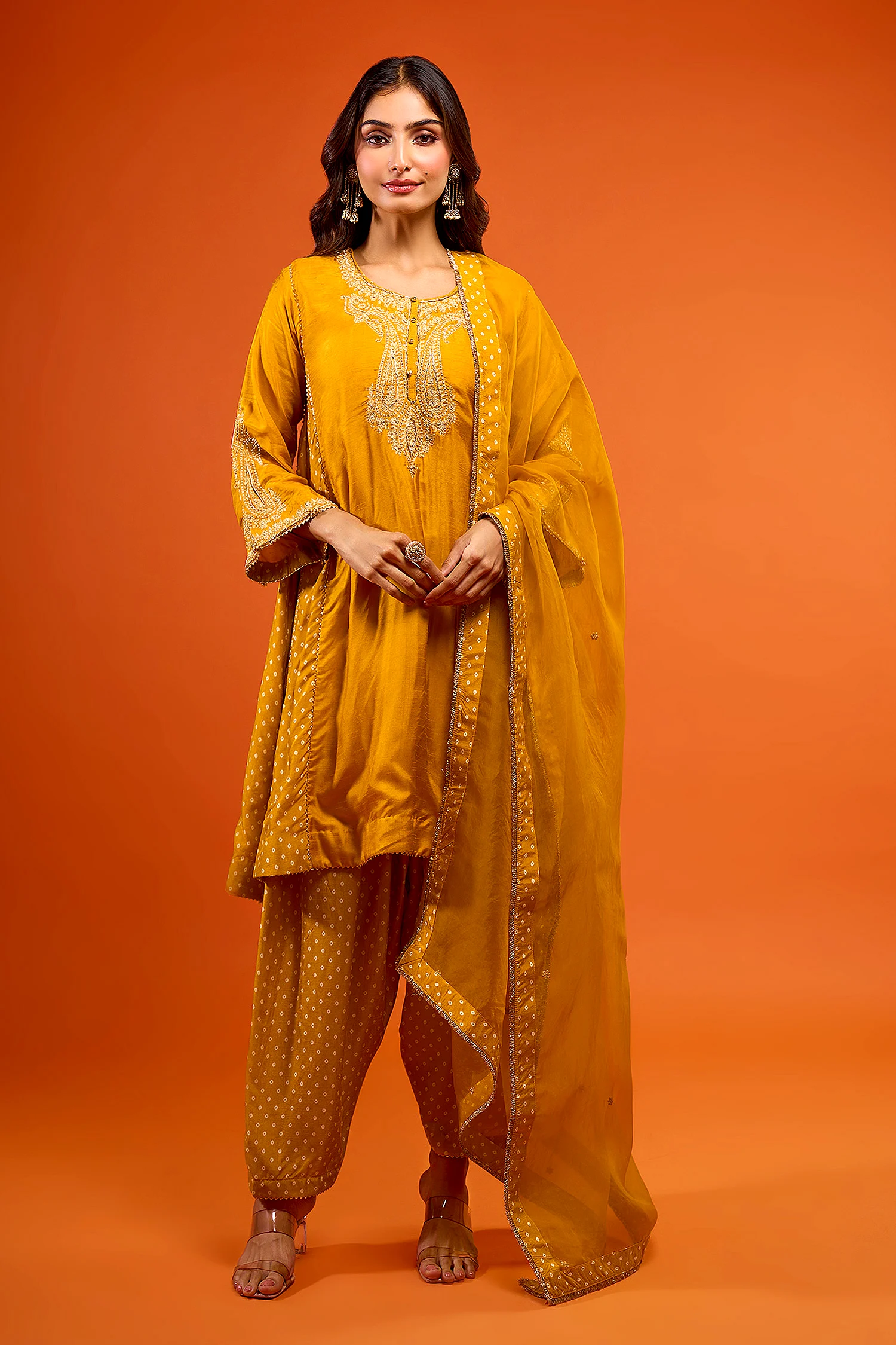 Yellow Embroidery, Zari Round Neck Jeriah Kurta Set