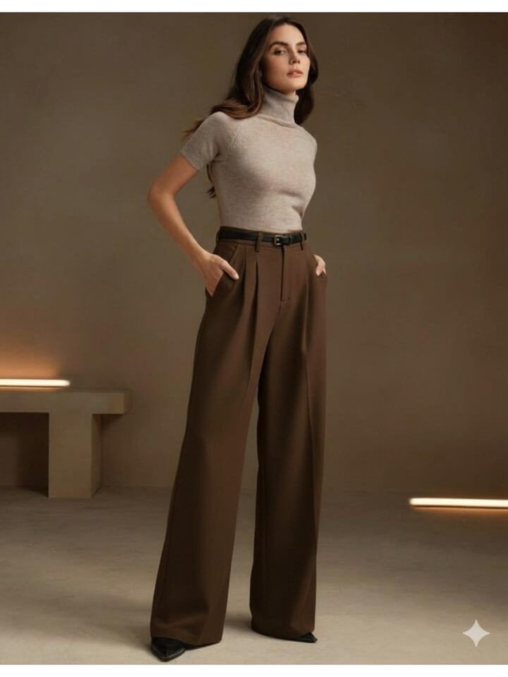 Womens Coffee Wide Fit Pleated Korean Trouser