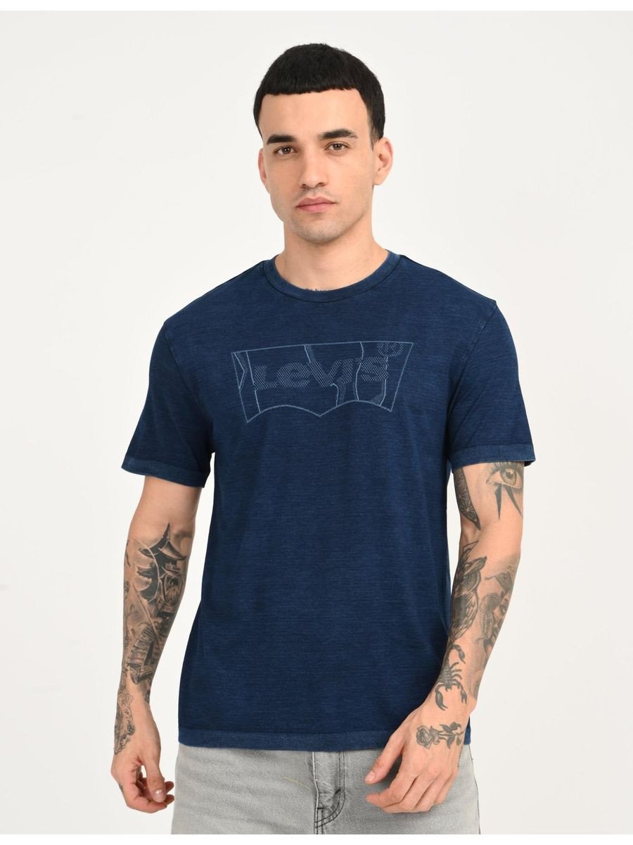 Mens Brand Logo Dark Blue Slim Fit Seamless T-Shirt