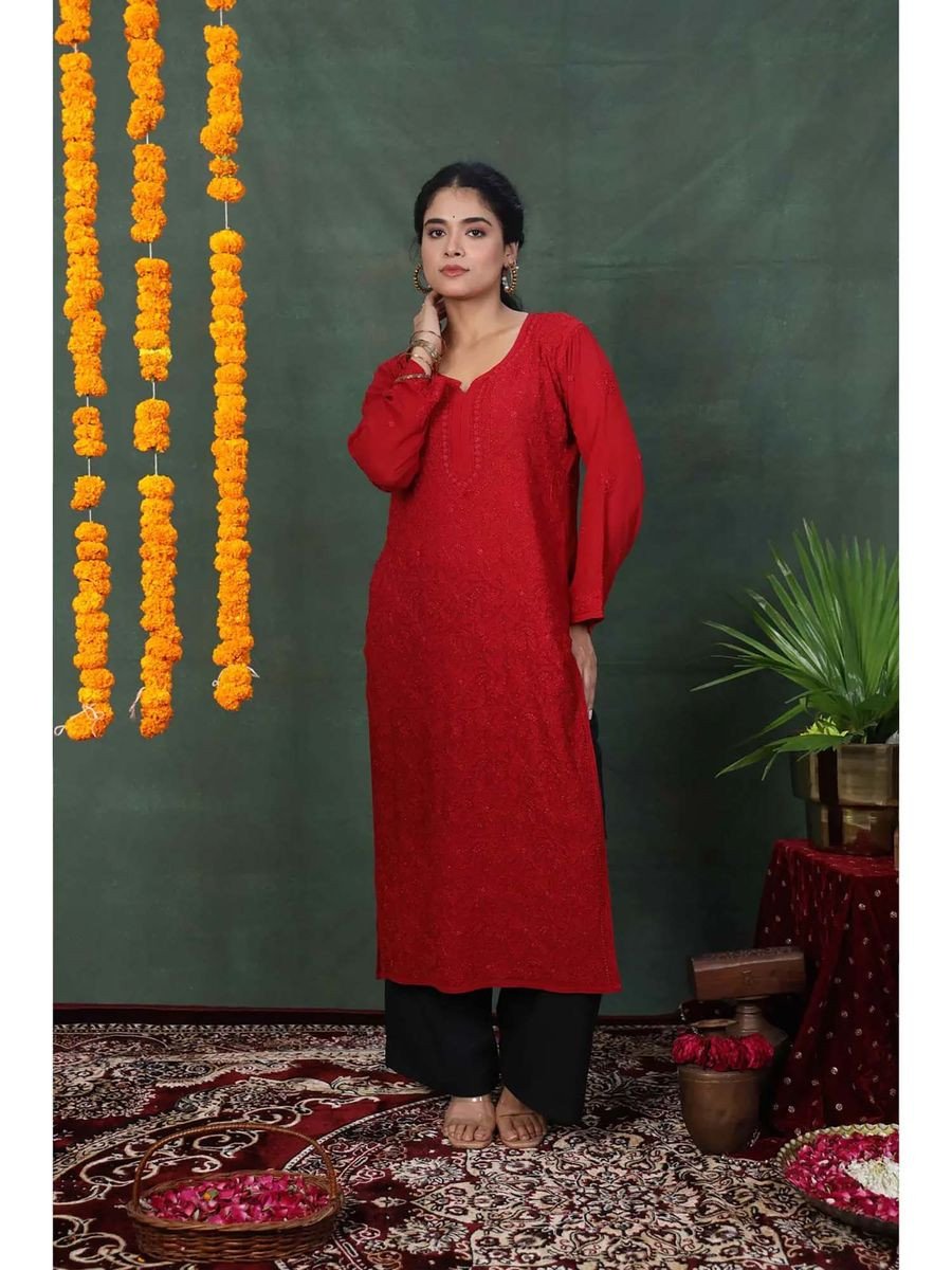 Red Viscose Floral Kurta