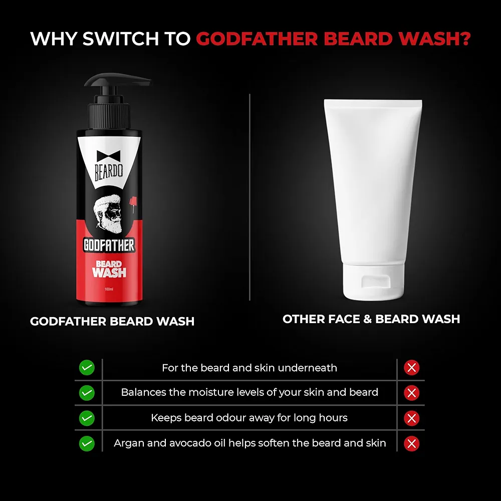 Beardo Godfather Beard Wash for men, 100ml | Aromatic, Woody Scent | Purifying & Hydrating Beard and Skin Cleaner with Avocado Oil, Argan Oil | Beard Shampoo for Clean & Healthy Beard