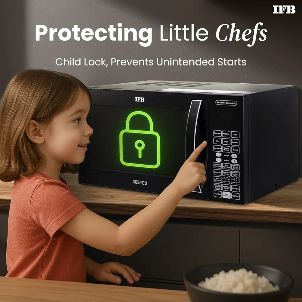 IFB 30L Convection Microwave Oven with 101 Standard Cook Menus (30BRC2, Black, 360 Degree Motorized Rotisserie, Weight Defrost, Steam Clean, Grill & 4 combi cook modes, 10 Power Levels)
