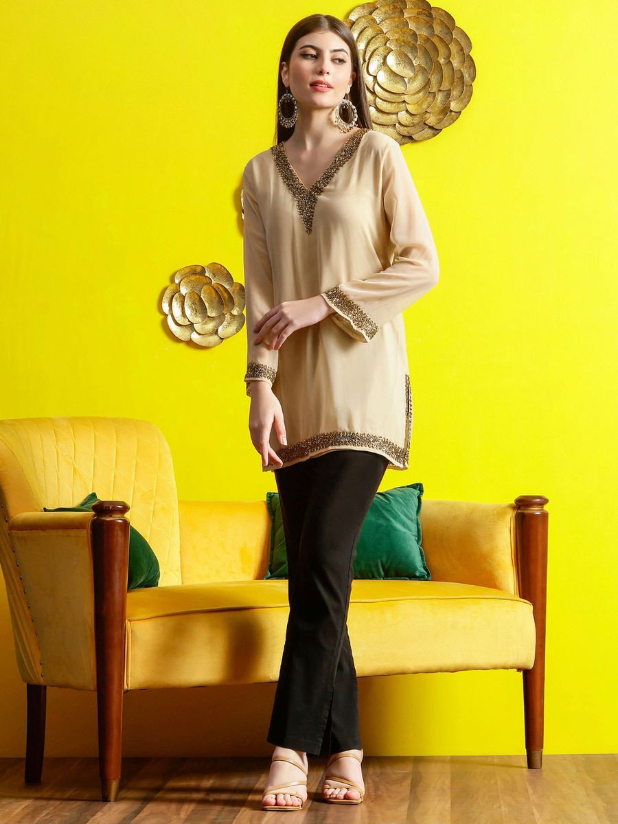 Beige Embellished V Neck Lining Kurti