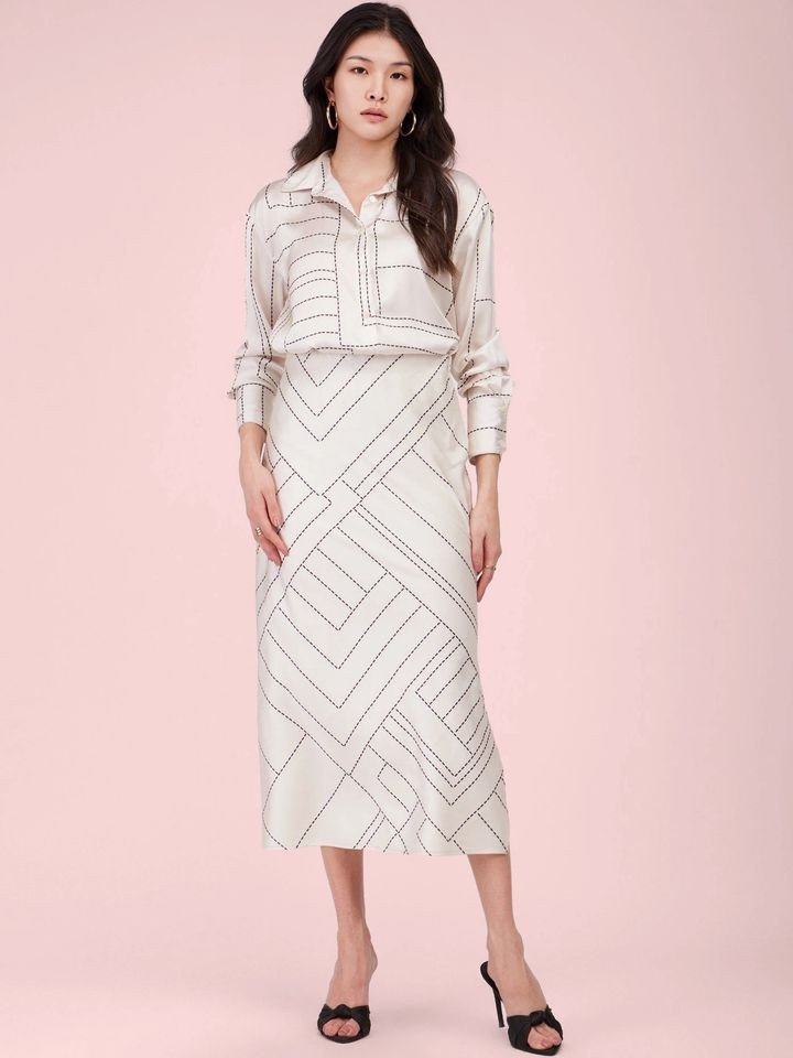 Off White & Black Satin Shirt with Skirt Co Ord (Set of 2)