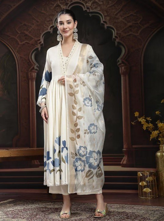 White Floral Kurta with Palazzo and Dupatta