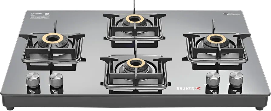 Sujata Cross Gas Stove | 9 Years Warranty | 4 Burner Gas Stove Glass Top, SABAF, ISI Certified, LPG & PNG Compatible, 360° Rotating Brass Gas Nozzle, Jumbo Brass Burner (Black)