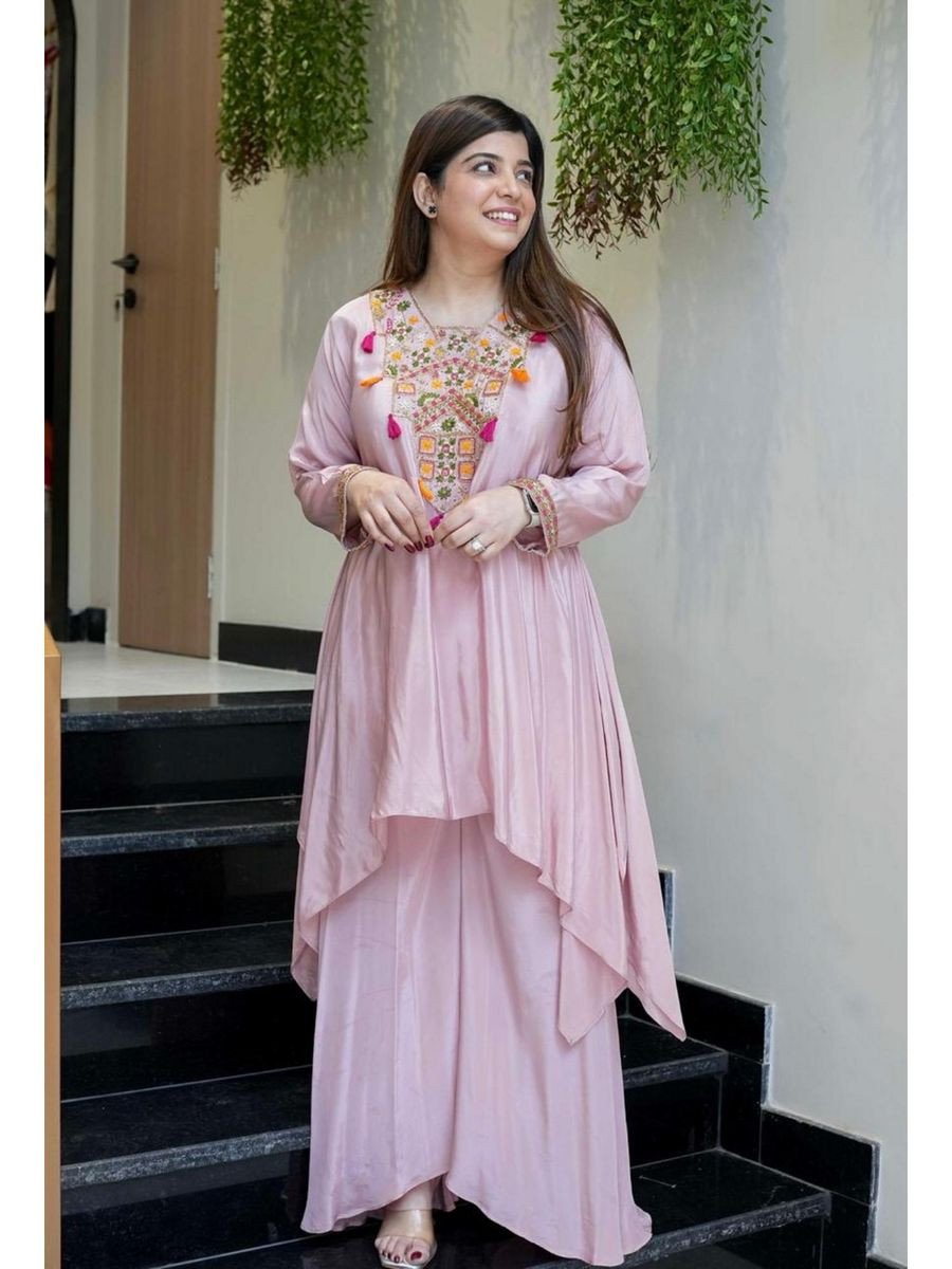 Pink V-Neck Embroidered Fit and Flare Kurta and Palazzo