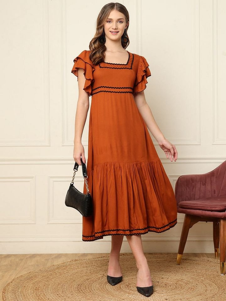 Women Tan Brown Squared Neck Women Ankle Length Dress