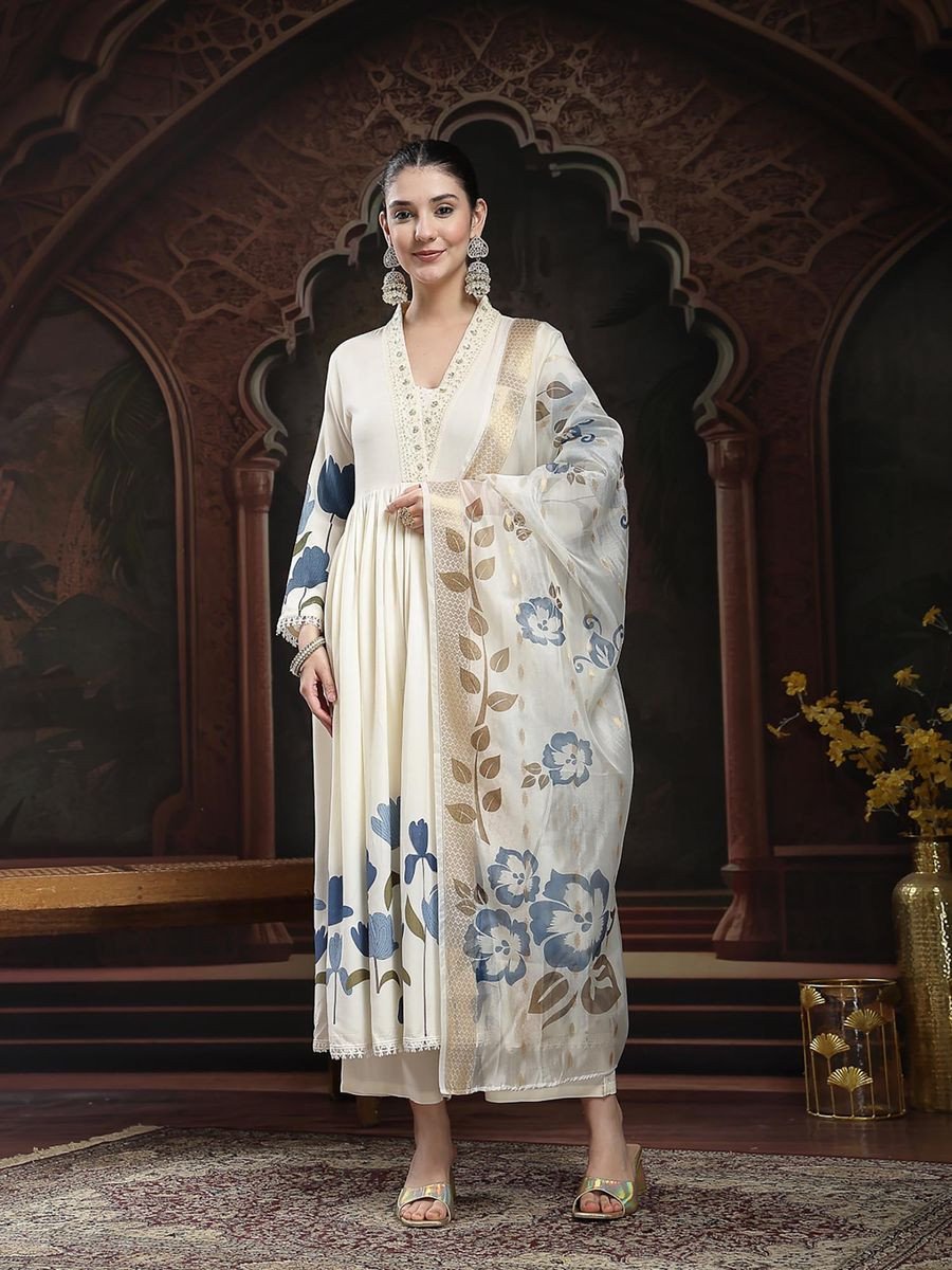 White Floral Kurta with Palazzo and Dupatta