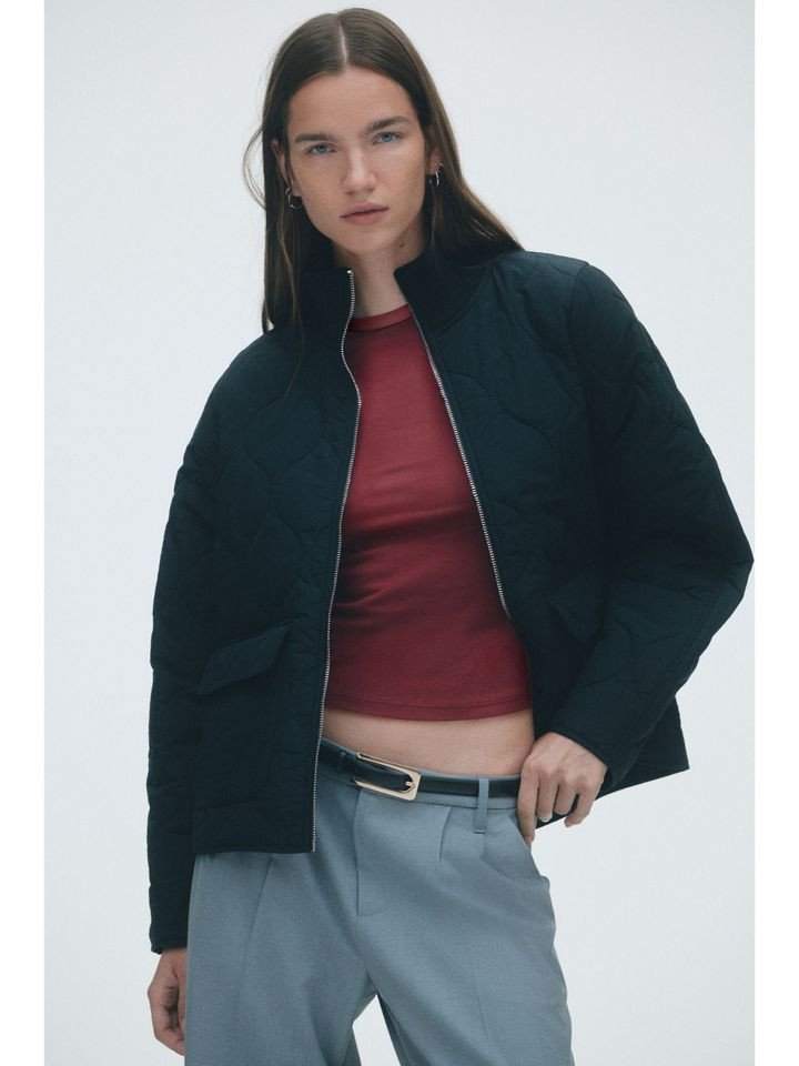 H&M Women Black Oversized Quilted Jacket