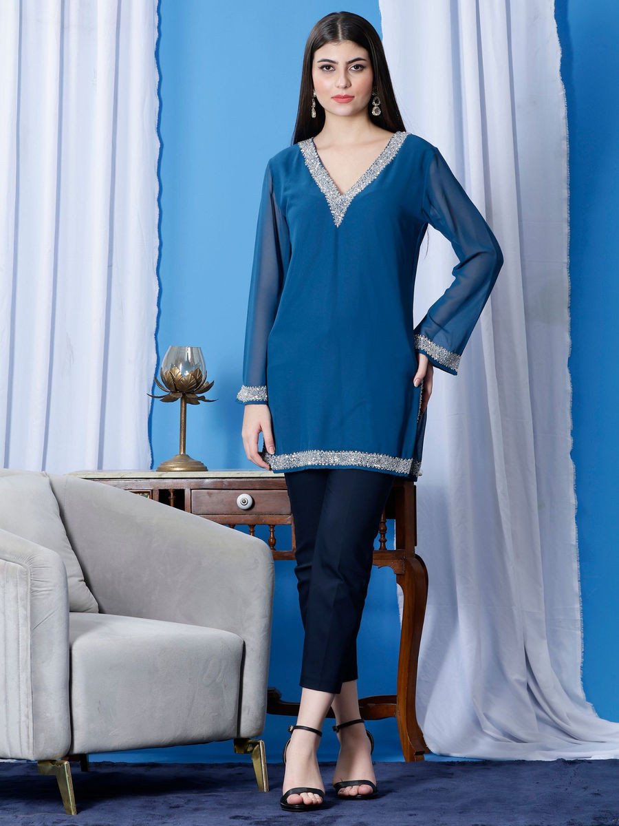 Blue Embellished V Neck Lining Kurti
