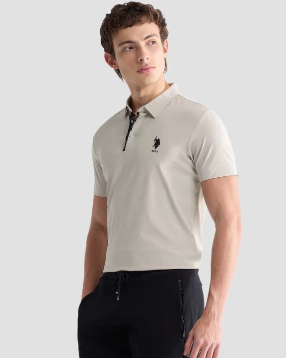 Men Beige Polyester Solid/Plain Polo T-Shirt