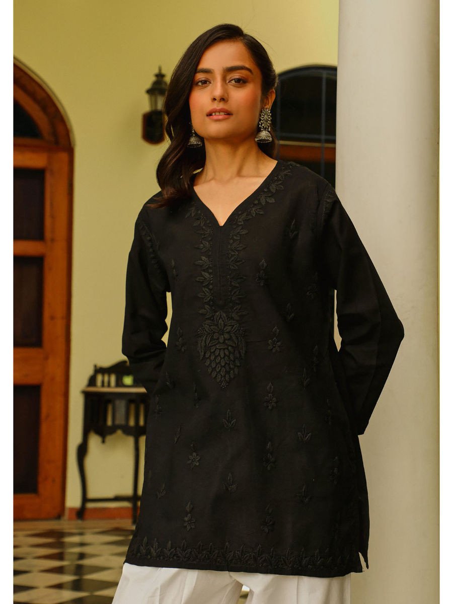 Cotton Chikankari Womens Short Kurti - Black