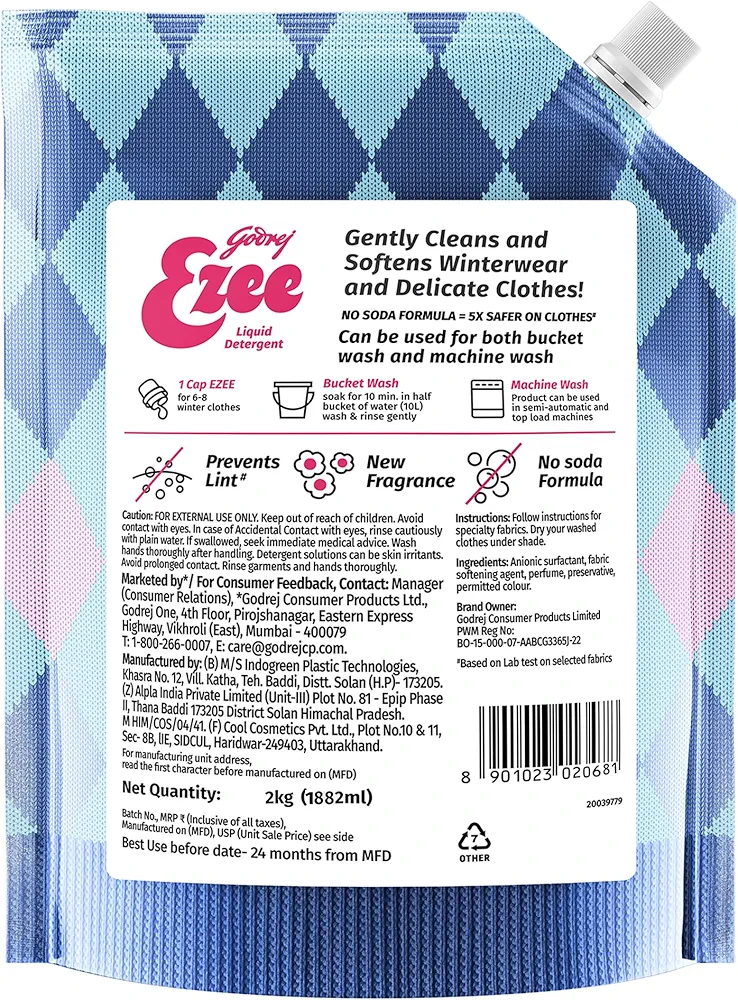 Godrej Ezee Liquid Detergent 2 Kg Pouch For Winter-Wear, Added Conditioner, No Soda Formula, Woolmark Certified, 1 Count