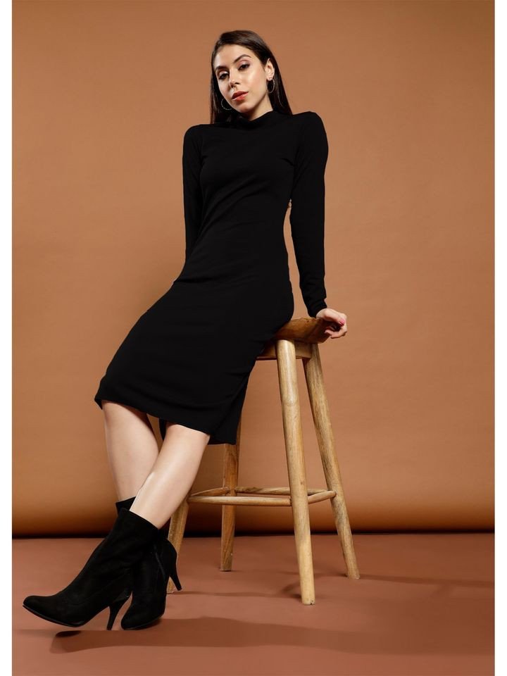 Black Full Sleeves High Neck Solid Bodycon Casual Dress