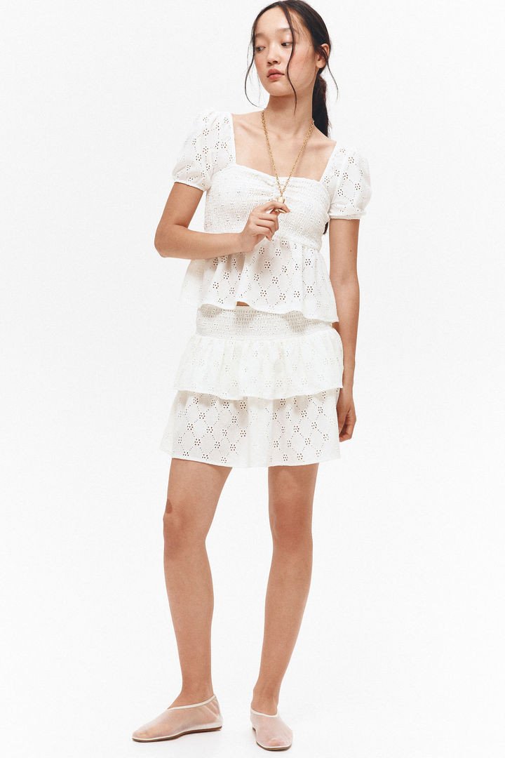 Women White Smocked Peplum Blouse